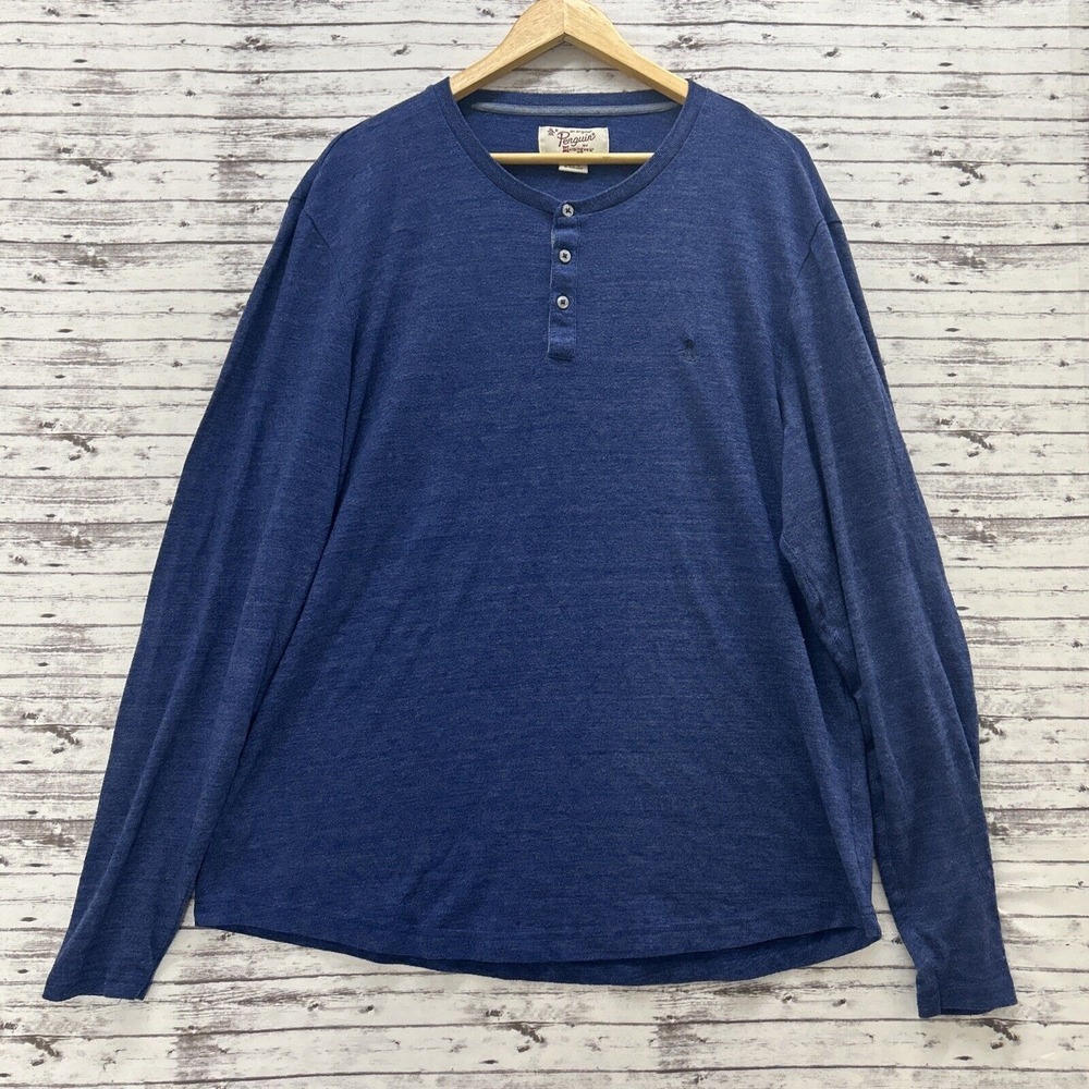 Penguin By Munsingwear Henley Shirt Men's XL Blue Long Sleeve Curved Hem USED